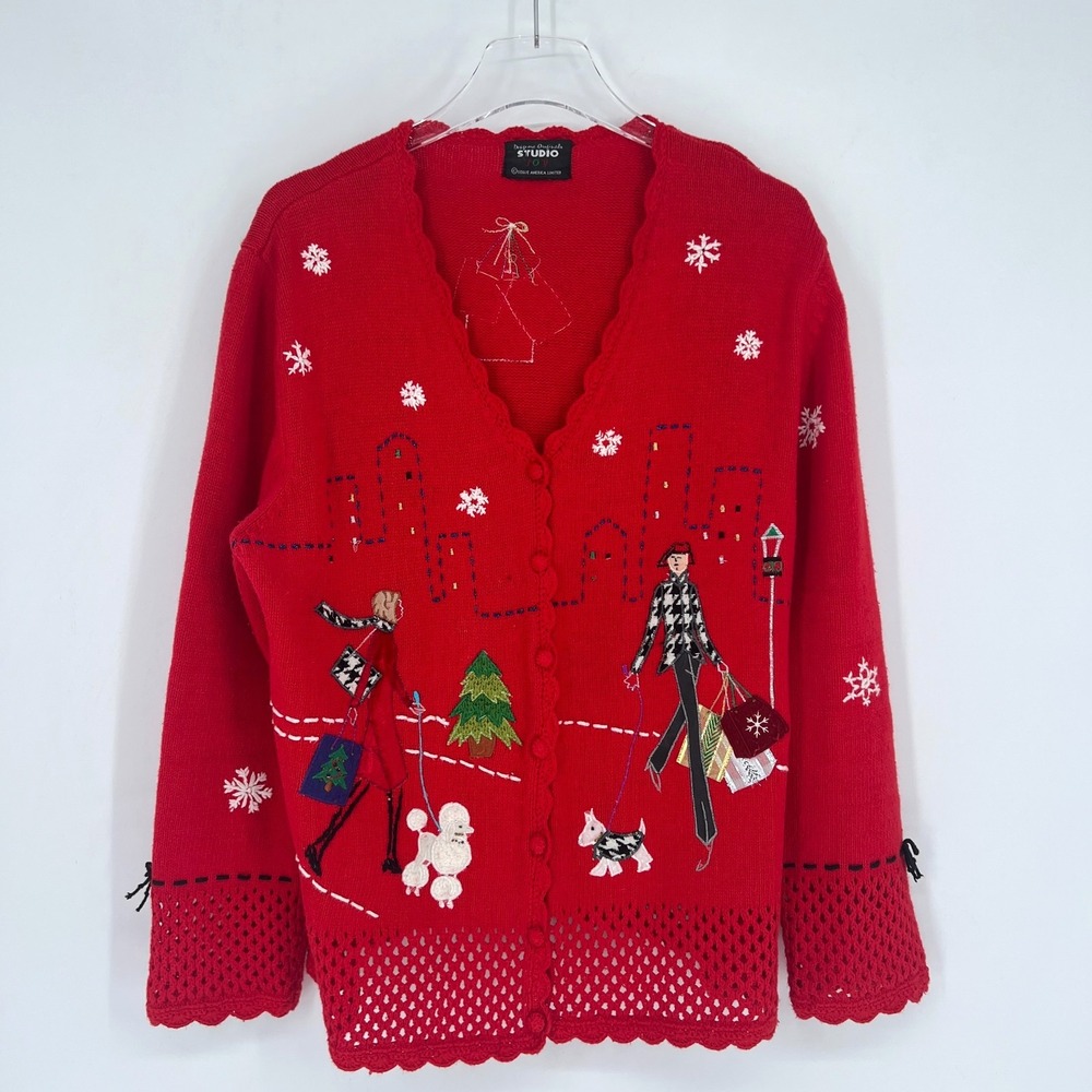 Vtg Studio Joy‎ Sweater Womens L Red Holiday Christmas Shopping City Embroidered